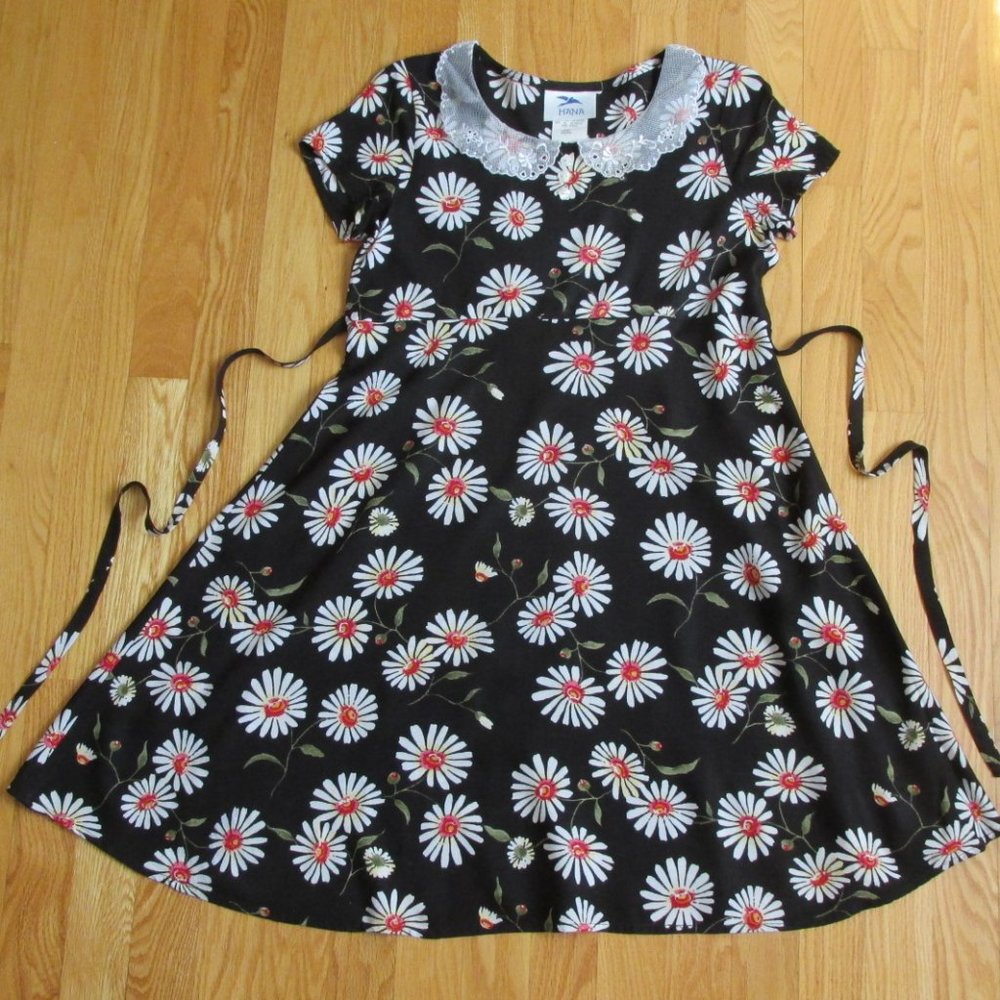 HANA GIRLS SIZE L (14 / 16) DRESS BLACK & WHITE DAISY SPRING EASTER COUNTRY LACE